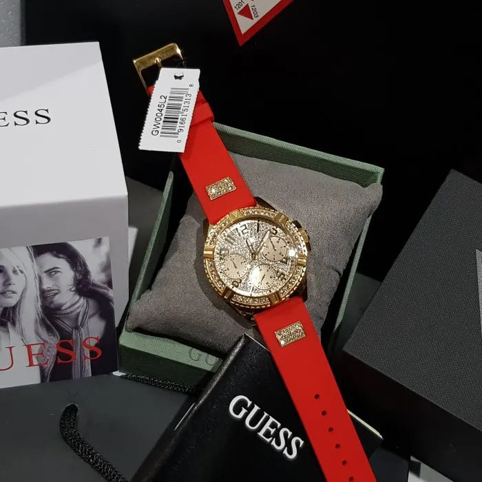 Guess Frontier Diamonds Gold Dial Red Rubber Strap Watch for Women - GW0045L2 Buy Now By Guess