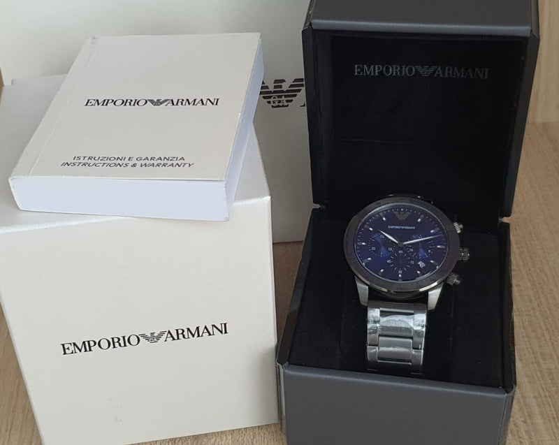 Emporio Armani Mario Chronograph Blue Dial Grey Steel Strap Watch For Men - AR80045 Buy Now By Emporio Armani