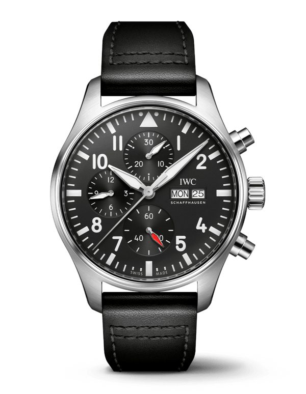 Shop IWC Pilot's Watch Chronograph Black Dial Black Leather Strap Watch for Men - IW377709 in USA