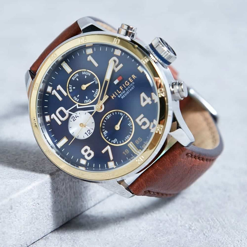 Shop Tommy Hilfiger Sport Multifunction Blue Dial Brown Leather Strap Watch for Men - 1791137 in USA