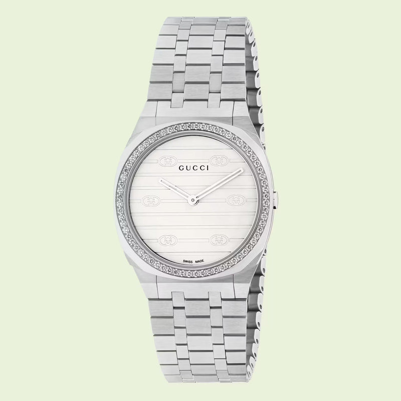 Shop Gucci 25H Quartz Diamonds Silver Dial Silver Steel Strap Watch for Women - YA163401 in USA