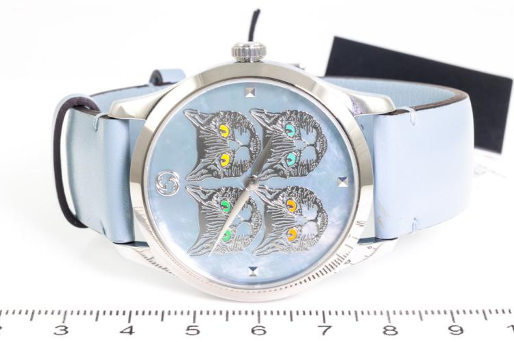 Shop Gucci G Timeless Quartz Mother of Pearl Dial Blue Leather Strap Watch For Women - YA1264124 in USA