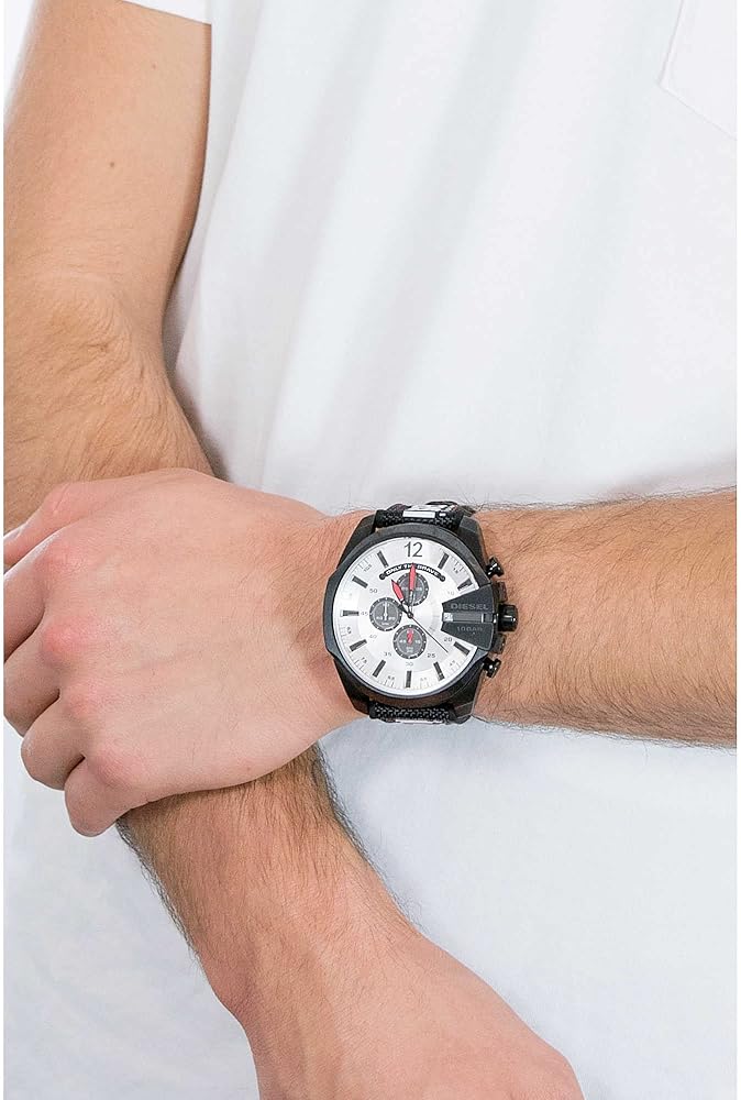 Diesel Mega Chief Chronograph Silver Dial Black Leather Strap Watch For Men - DZ4512 Buy Now By Diesel