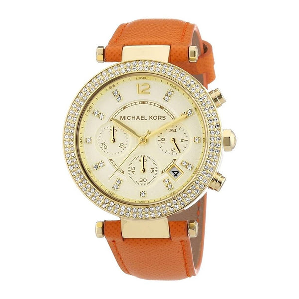 Shop Michael Kors Parker Champagne Dial Orange Leather Strap Watch for Women - MK2279 in USA