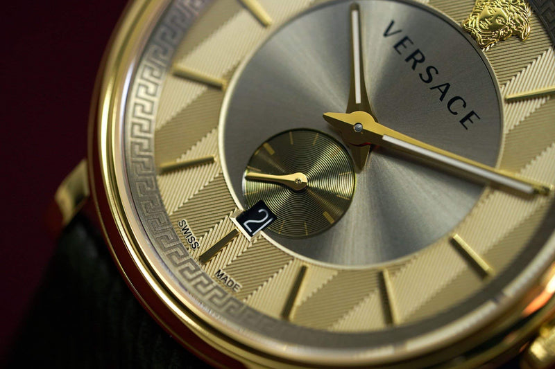 Versace V-Circle Manifesto Gold Dial Black Leather Strap Watch for Men - VBQ030017 Buy Now By Versace