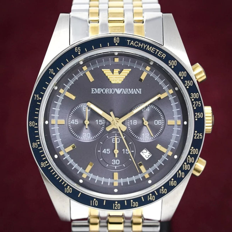 Emporio Armani Tazio Chronograph Blue Dial Gold & Silver Stainless Steel Strap Watch For Men - AR8030 Buy Now By Emporio Armani