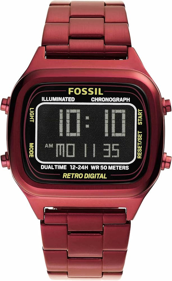 Fossil Retro Analog-Digital Black Dial Red Steel Strap Watch for Men - FS5897