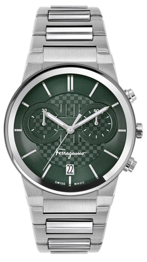 Salvatore Ferragamo Sapphire Chrono Green Dial Silver Steel Strap Watch for Men - SFME00421