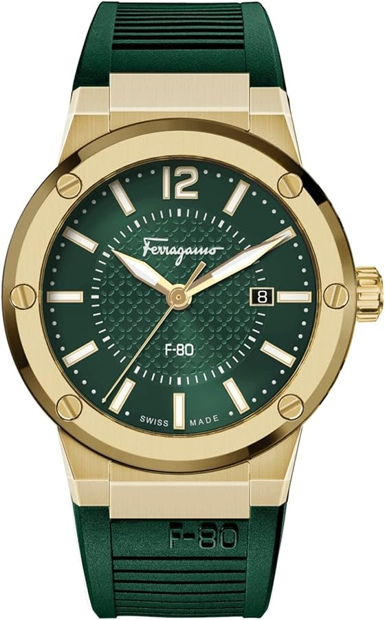 Shop Salvatore Ferragamo F-80 Classic Green Dial Green Rubber Strap Watch for Men - SFHY02022 in USA