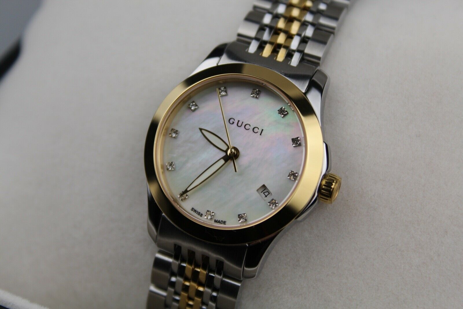 Gucci G Timeless Diamonds Mother of Pearl Dial Two Tone Mesh Bracelet Watch for Women - YA126513