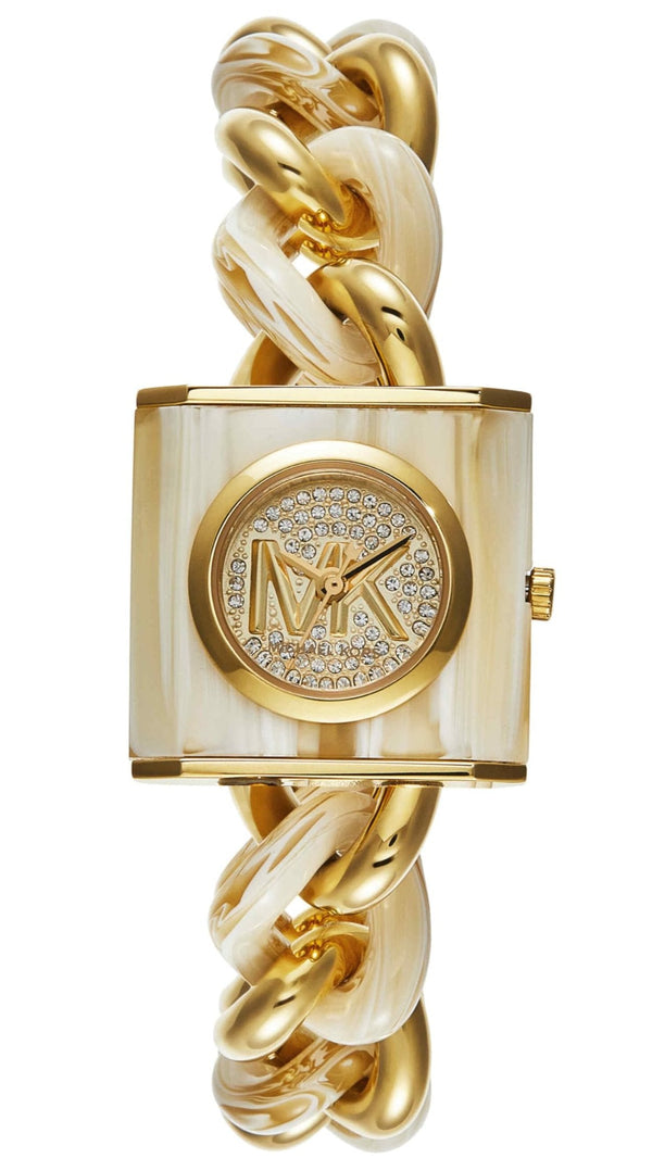 Shop Michael Kors Chain Lock Analog Crystals Silver Dial Gold Steel Strap Watch for Women - MK4809 in USA