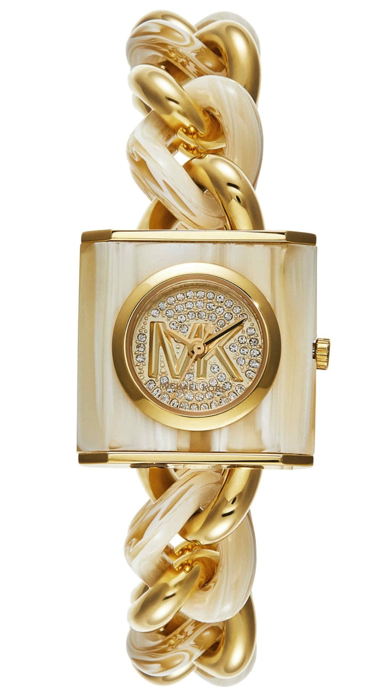 Shop Michael Kors Chain Lock Analog Crystals Silver Dial Gold Steel Strap Watch for Women - MK4809 in USA
