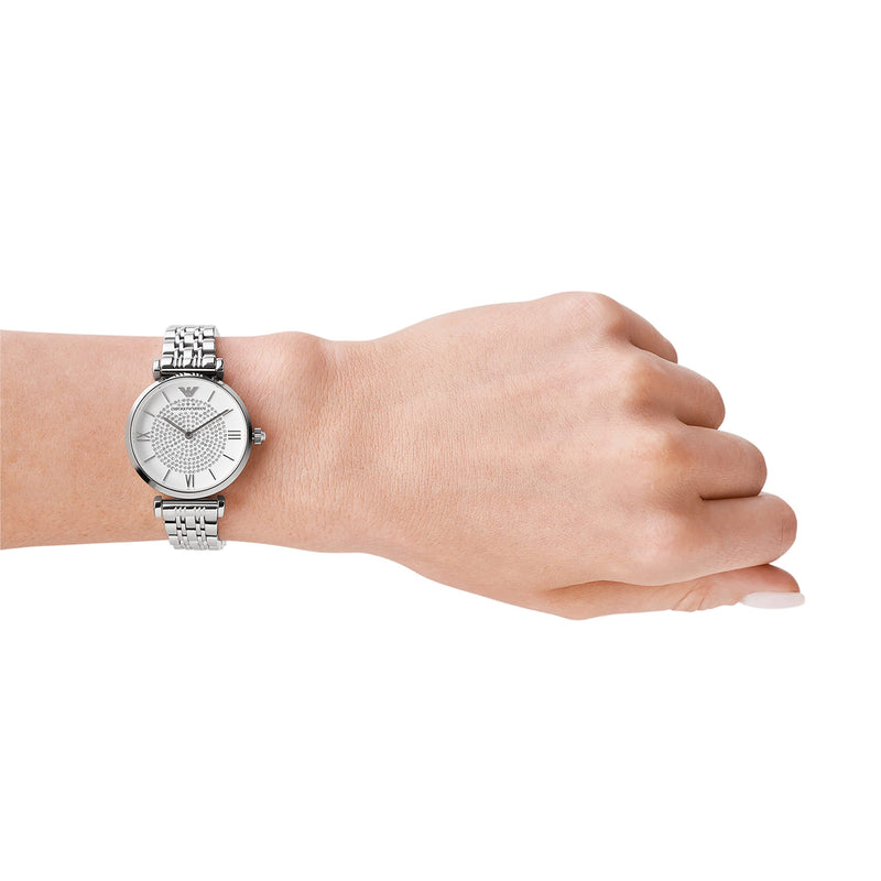 Emporio Armani Gianni T Bar White Crystal Pave Dial Silver Stainless Steel Strap Watch For Women - AR1925 Buy Now By Emporio Armani