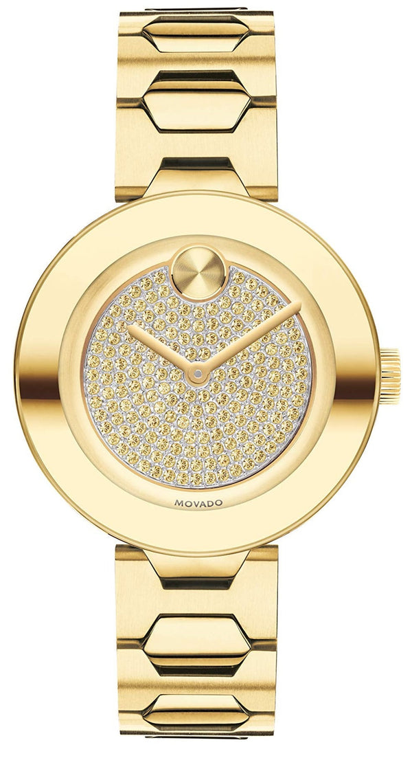 Shop Movado Bold Crystal Gold Dial Gold Steel Strap Watch For Women - 3600492 in USA