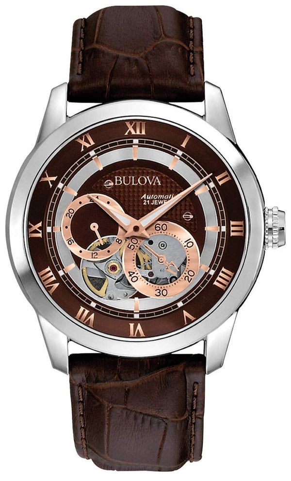 Shop Bulova Classic Skeleton Automatic Brown Dial Brown Leather Strap Watch for Men - 96A120 in USA