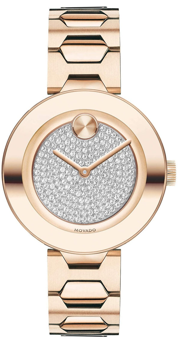 Shop Movado Bold Crystal Pave Rose Gold Dial Rose Gold Steel Strap Watch For Women - 3600493 in USA