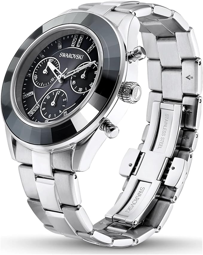 Shop Swarovski Octea Lux Sport Chronograph Black Dial Silver Steel Strap Watch for Women - 5610520 in USA