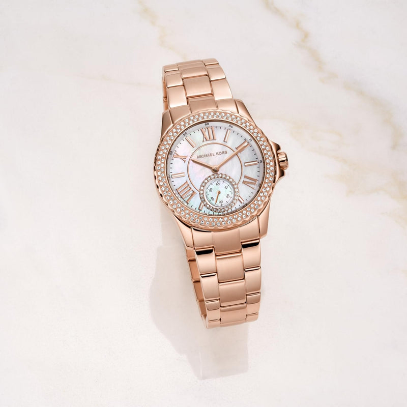 Michael Kors Camille Quartz Mother of Pearl White Dial Rose Gold Steel Strap Watch For Women - MK7364 Buy Now By Michael Kors