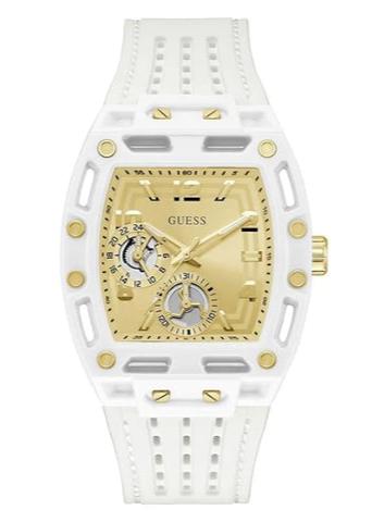 Shop Guess Phoenix Analog Gold Dial White Silicone Strap Watch For Men - GW0499G5 in USA