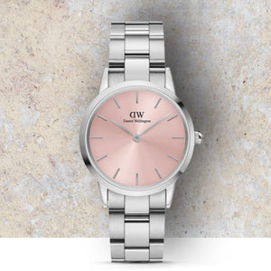 Daniel Wellington Iconic Link Pink Dial Silver Steel Strap Watch For Women - DW00100327