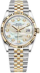 Shop Rolex Datejust Oyster 36 Diamonds Silver Dial Two Tone Oystersteel Yellow Gold Strap Watch for Women - M126233-0023 in USA