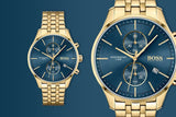Hugo Boss Associate Chronograph Blue Dial Gold Steel Strap Watch for Men - 1513841