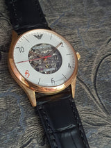 Emporio Armani Meccanico White Skeleton Dial Black Leather Strap Watch For Men - AR1924 Buy Now By Emporio Armani