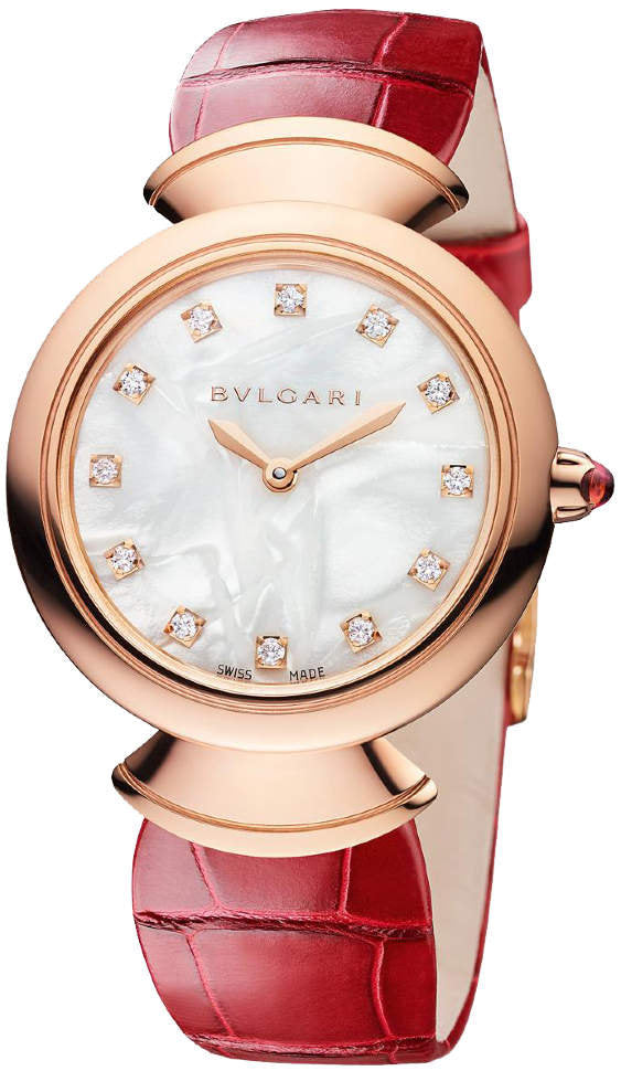 Shop Bvlgari Divas Dream Diamonds Mother of Pearl Dial Red Leather Strap Watch for Women - DREAM102840 in USA