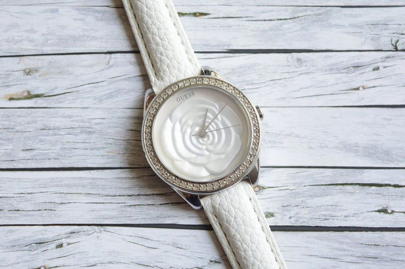 Guess Rosette Analog White Dial White Leather Strap Watch For Women - W75043L1 Buy Now By Guess
