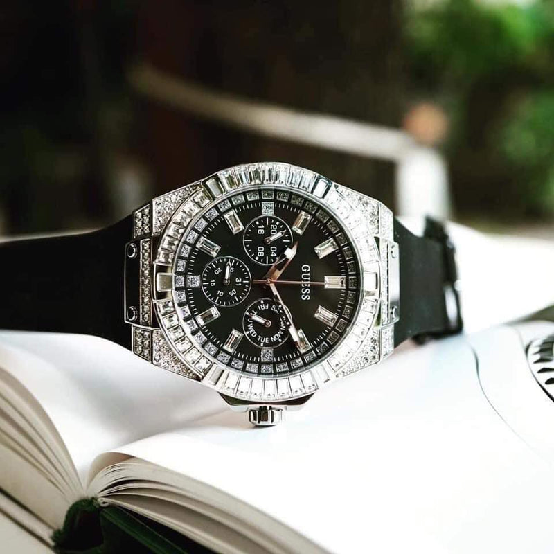 Guess Baguette Crystals Black Dial Black Silicone Strap Watch For Men - GW0208G1 Buy Now By Guess