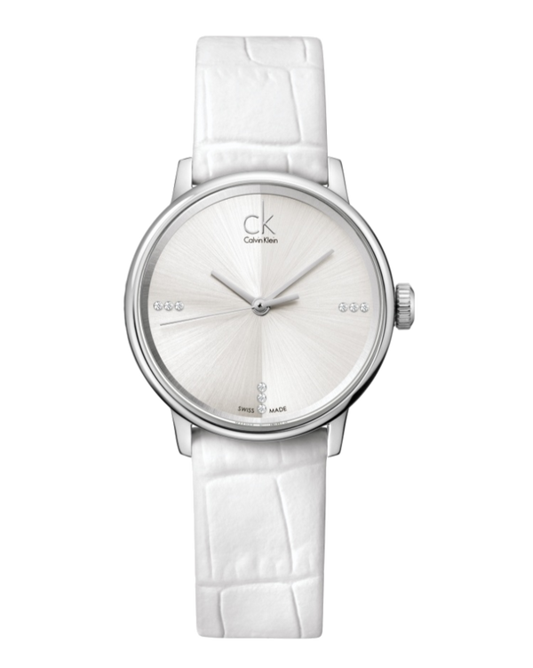Calvin Klein Accent Silver Dial White Leather Strap Watch for Women - K2Y2Y1KW Buy Now By Calvin Klein