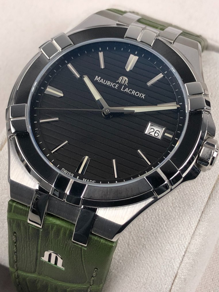 Maurice Lacroix Aikon Quartz Black Dial Green Crocodile Leather Strap Watch for Men - AI1008-PVB21-330-1 Buy Now By Maurice Lacroix