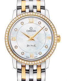 Shop Omega De Ville Prestige Quartz Diamonds Mother of Pearl Dial Two Tone Steel Strap Watch for Women - 424.25.27.60.55.001 in USA