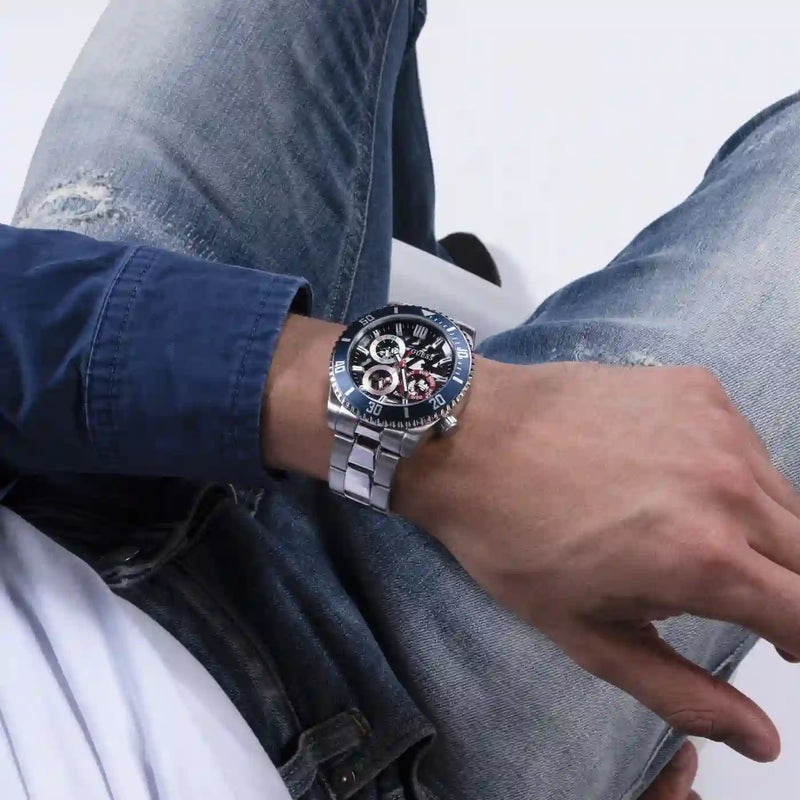 Guess Axle Multifunction Black Dial Silver Steel Strap Watch For Men - GW0488G1 Buy Now By Guess