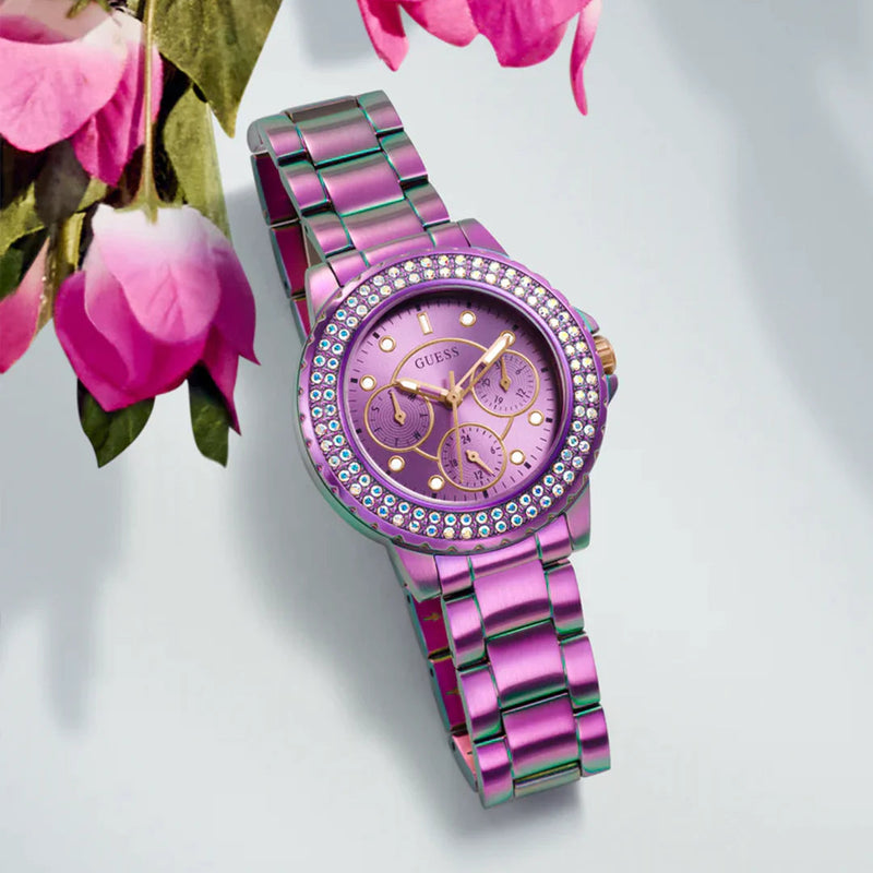 Shop Guess Crown Jewel Diamonds Purple Dial Purple Steel Strap Watch for Women - GW0410L4 in USA