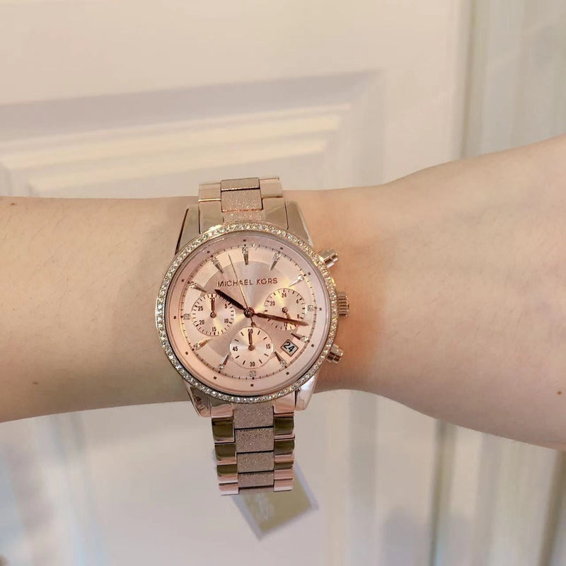 Michael Kors Ritz Chronograph Rose Gold Dial Rose Gold Steel Strap Watch For Women - MK6598 Buy Now By Michael Kors