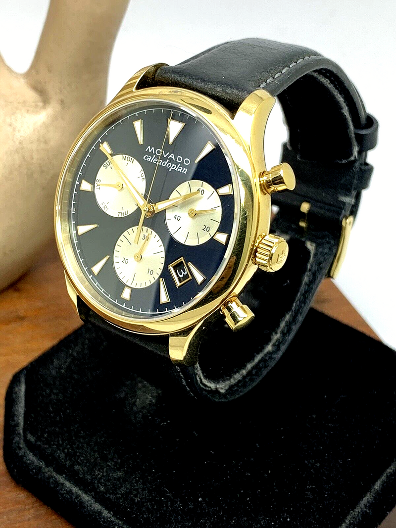 Movado Heritage Chronograph Calendoplan Blue Dial Black Leather Strap Watch for Men - 3650006 Buy Now By Movado