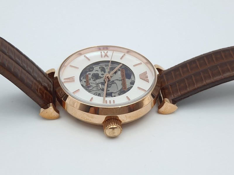 Emporio Armani Meccanico Skeleton Mother of Pearl Dial Brown Leather Strap Watch For Women - AR1993 Buy Now By Emporio Armani