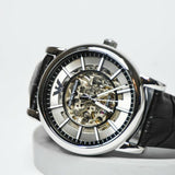 Emporio Armani Luigi Silver Skeleton Dial Black Leather Strap Watch For Men - AR1981 Buy Now By Emporio Armani