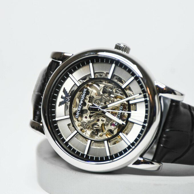 Emporio Armani Luigi Silver Skeleton Dial Black Leather Strap Watch For Men - AR1981 Buy Now By Emporio Armani