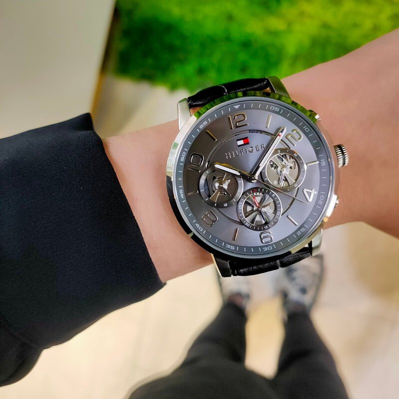 Tommy Hilfiger Keagan Quartz Grey Dial Black Leather Strap Watch for Men - 1791289