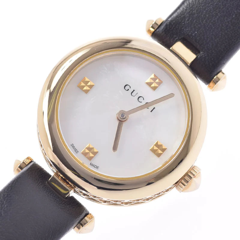 Shop Gucci Diamantissima Mother of Pearl Dial Black Leather Strap Watch For Women - YA141505 in USA