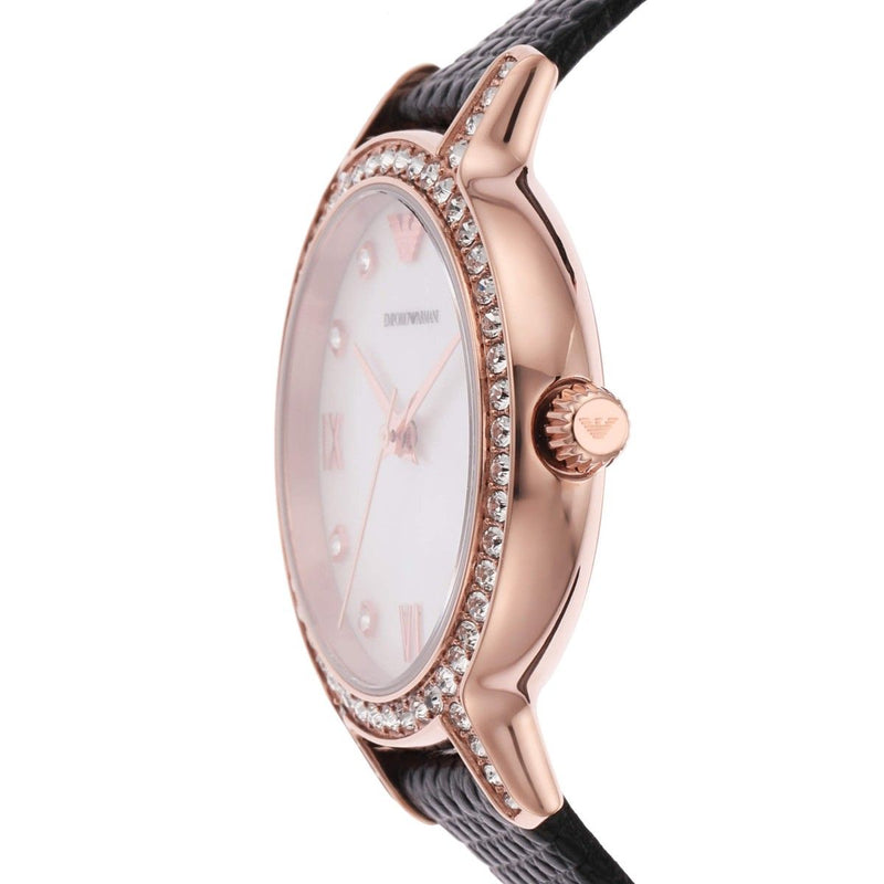 Emporio Armani Cleo Three-Hand Mother of Pearl Dial Black Leather Strap Watch For Women - AR11485 Buy Now By Emporio Armani