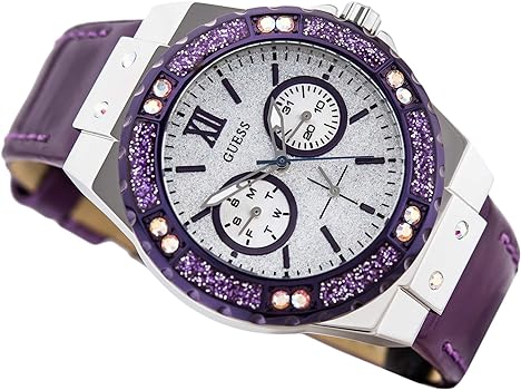 Shop Guess Limelight Quartz Silver Dial Purple Leather Strap Watch For Women - W0775L6 in USA