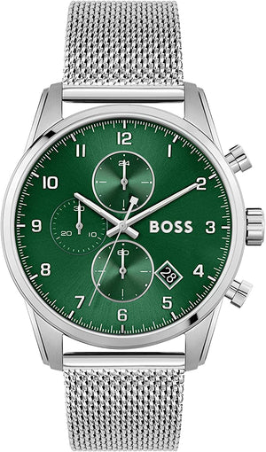 Hugo Boss Skymaster Chronograph Green Dial Silver Mesh Bracelet Watch for Men - 1513938