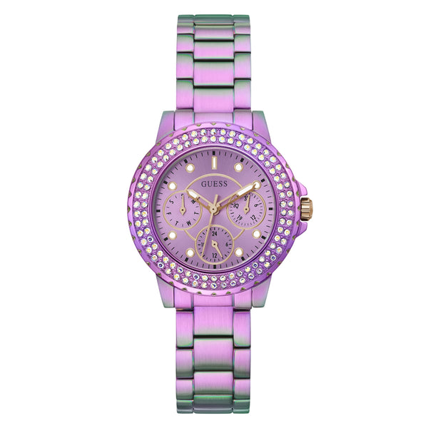 Shop Guess Crown Jewel Diamonds Purple Dial Purple Steel Strap Watch for Women - GW0410L4 in USA