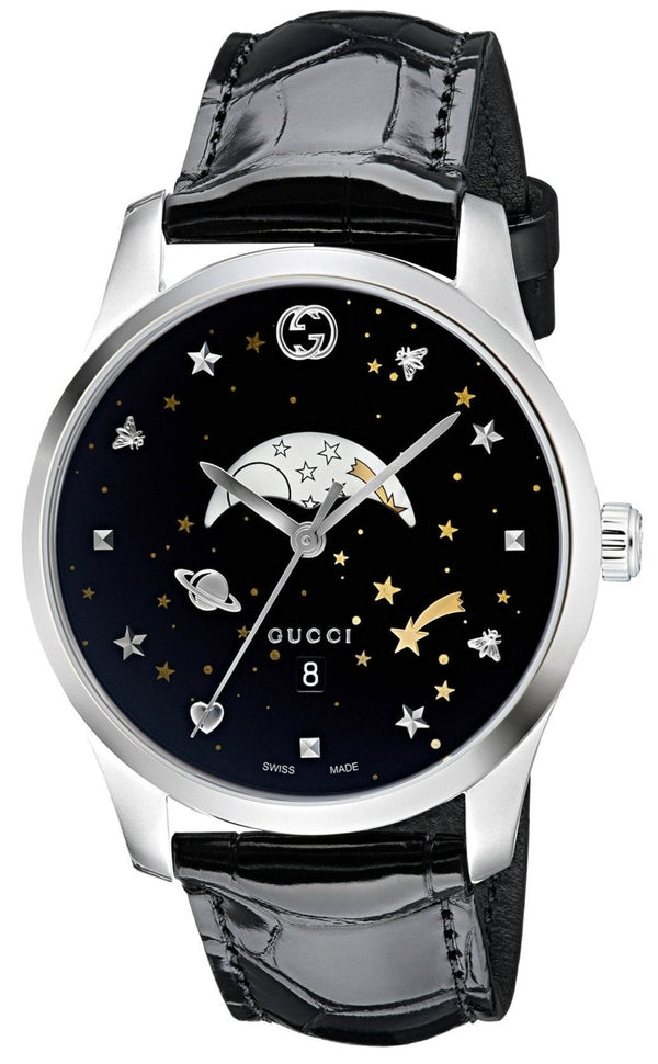 Shop Gucci G-Timeless Moonphase Black Dial Black Leather Strap Watch For Men - YA126327 in USA