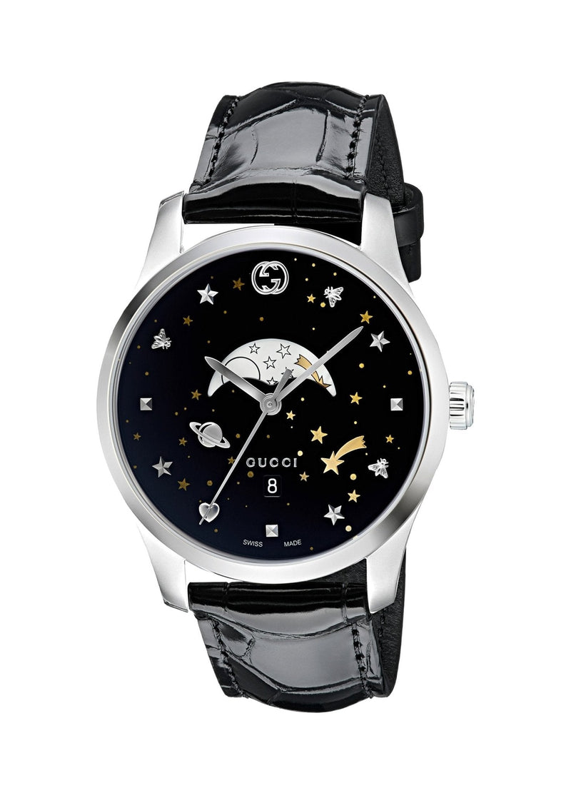 Shop Gucci G-Timeless Moonphase Black Dial Black Leather Strap Watch For Men - YA126327 in USA