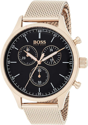 Hugo Boss Companion Chronograph Black Dial Rose Gold Mesh Strap Watch For Men - 1513548