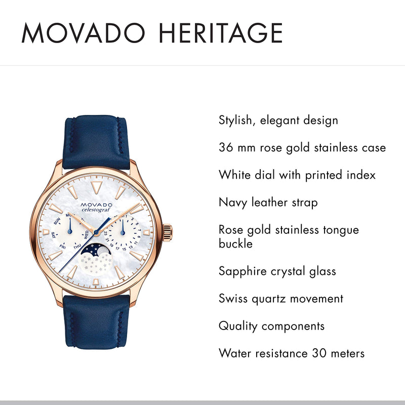 Movado Heritage Celestograf White Mother of Pearl Dial Blue Leather Strap Watch For Women - 3650011 Buy Now By Movado